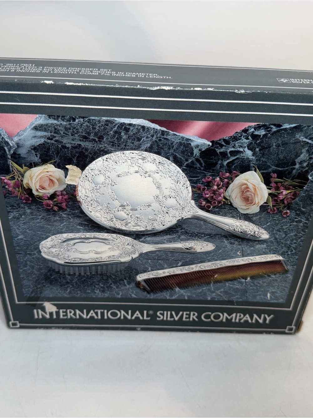 International Silver Company Silverplated 3pc Dresser Set Mirror Brush Comb Box